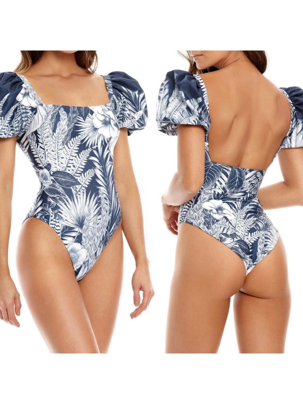 NEW Agua Bendita Palma Helios Puff Sleeve One Piece Swimsuit Blue Floral Sz 3XL